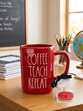 Rae Dunn COFFEE TEACH REPEAT Mug Red Ceramic Teacher Gift Apple Keychain Set NEW